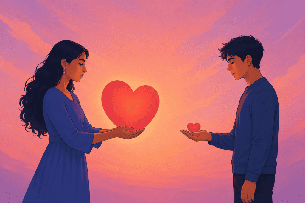 Illustration of a woman offering a large heart while a man holds a small one, symbolizing relationships, expectations, disappointment, and sensitive love.