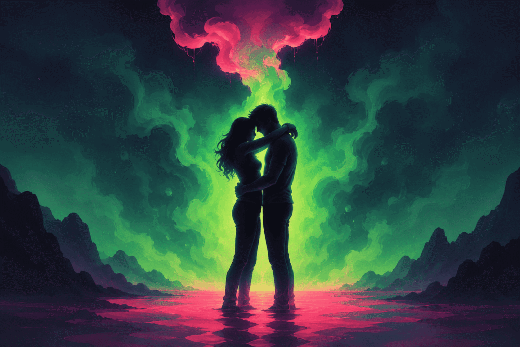 Silhouetted couple embracing beneath neon green and pink storm clouds, symbolizing chemistry, toxic attraction, and unhealthy relationship patterns.