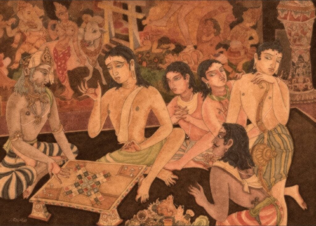 Traditional Indian painting of royal figures gathered around a gambling board, illustrating Vedic warnings about gambling, truthfulness, and spiritual life.