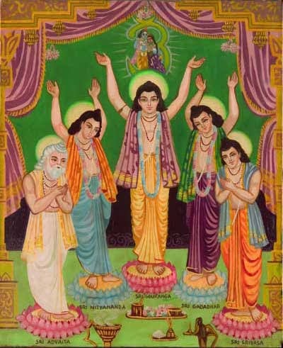 Traditional Panca-tattva painting with Sri Chaitanya, Nityananda, Advaita, Gadadhara and Srivasa Pandit standing in devotion.