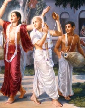 Devotional painting of Lord Chaitanya and Vaishnava associates dancing in sankirtana, with cymbals and mridanga, for Srivasa Pandit remembrance