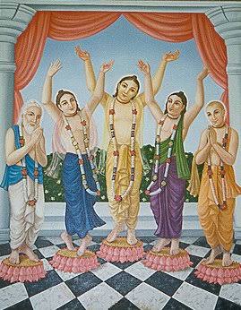 Traditional painting of the Panca-tattva with Sri Chaitanya and associates dancing in kirtan, including Srivasa Pandit in devotional worship