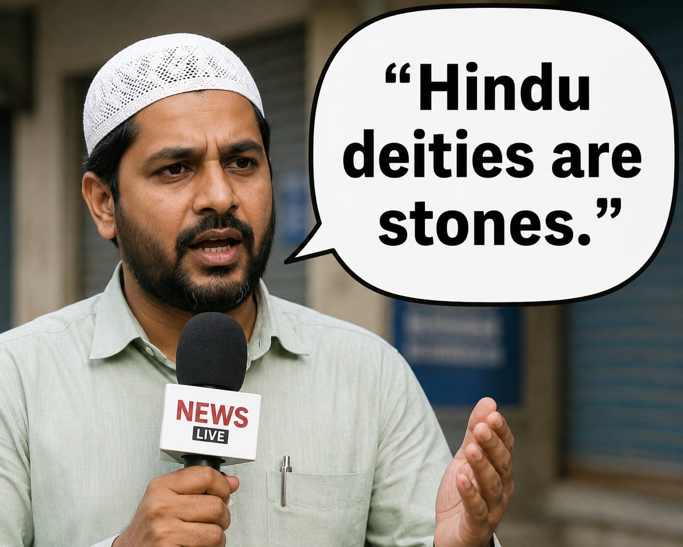 Man in a white skullcap holding a News Live microphone beside a speech bubble reading "Hindu deities are stones," linked to Hussain Sheikh apology news.