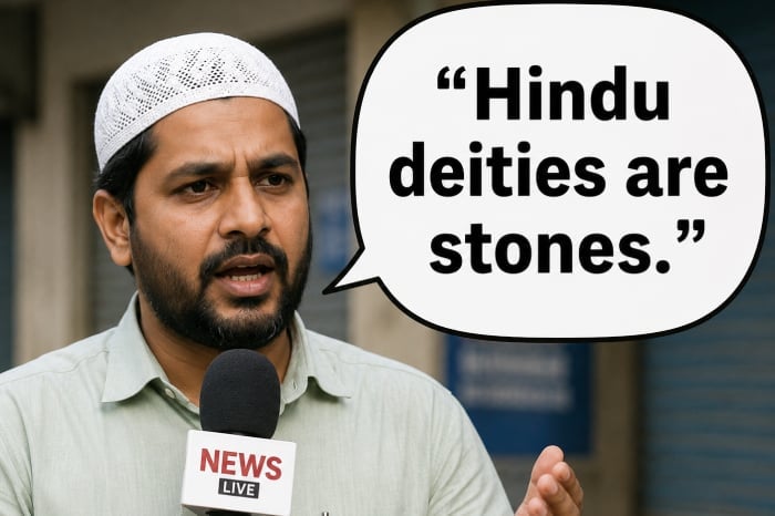 Interview-style image of a man holding a NEWS LIVE microphone beside a speech bubble quoting "Hindu deities are stones," used in Hindu Jagruti Samiti news coverage.