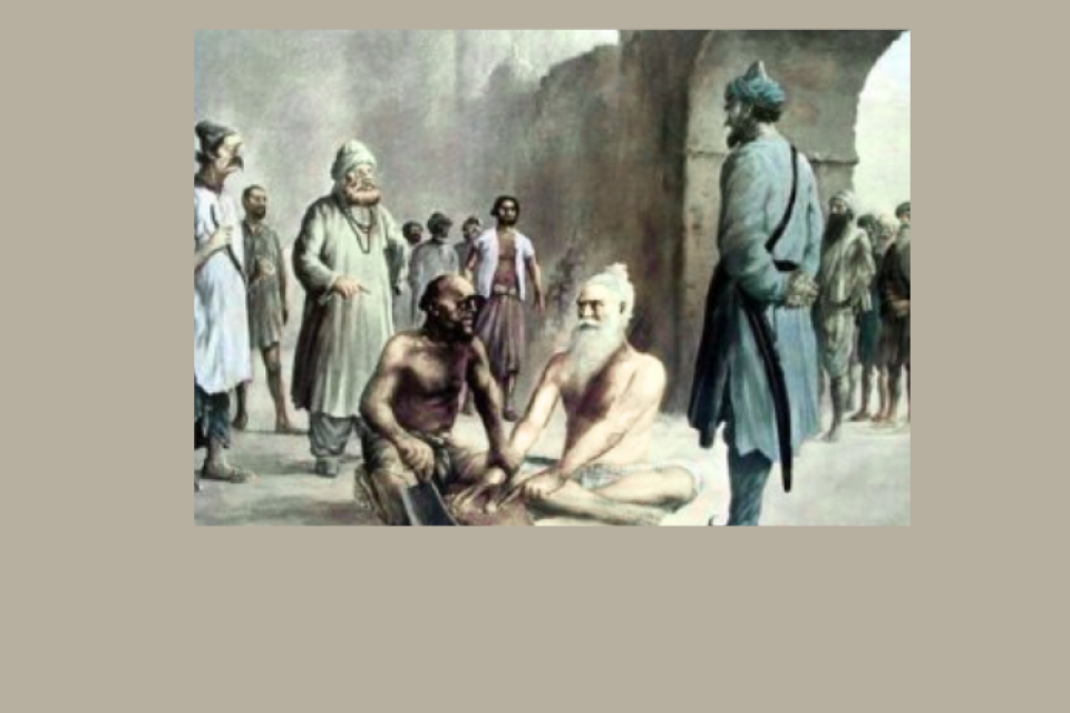Historical illustration of Bhai Mani Singh seated before officials and onlookers, evoking Sikh history, sacrifice, faith, and enduring legacy.