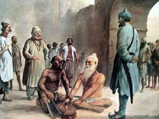 Historical illustration of a seated Sikh elder and another man before officials, evoking Bhai Mani Singh's courage, faith, and Sikh legacy.