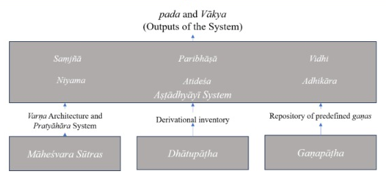 Flowchart of Pāṇini’s Aṣṭādhyāyī showing Maheshvara Sutras, Dhātupāṭha, and Gaṇapāṭha feeding Vyākaraṇa outputs.