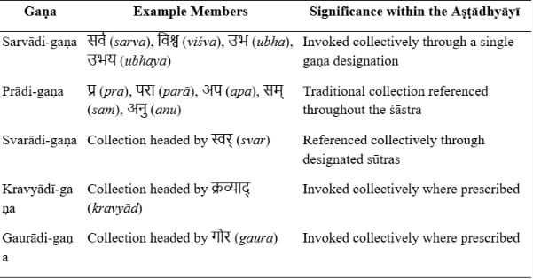 Table of Gaṇapāṭha examples for Pāṇini’s Aṣṭādhyāyī, listing gaṇas, Sanskrit members, and their role in Vyākaraṇa grammar.