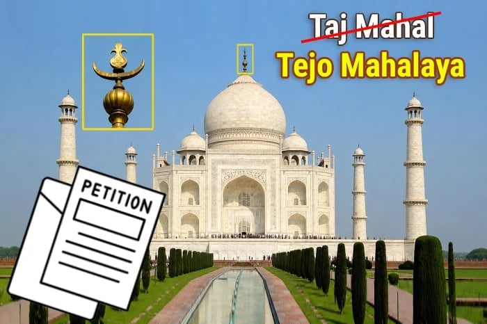 Graphic of the Taj Mahal with a petition icon and crossed-out Taj Mahal label replaced by Tejo Mahalaya, tied to Hindu Janajagruti Samiti messaging.