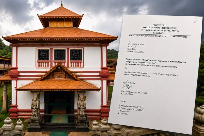 Goa temple exterior with an official GTDC letter about cancellation of Shri Mallikarjun Temple renovation contract overlaid in the foreground.