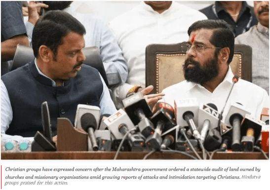 Maharashtra leaders Devendra Fadnavis and Eknath Shinde seated before microphones during a press event on church and missionary land audit.