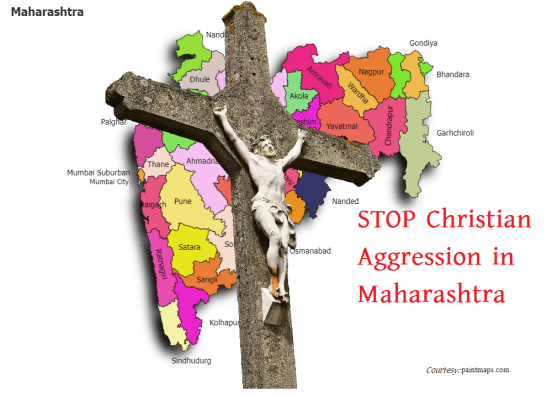 Map of Maharashtra with district names overlaid by a crucifix and red text reading “STOP Christian Aggression in Maharashtra,” for Hindu Existence article