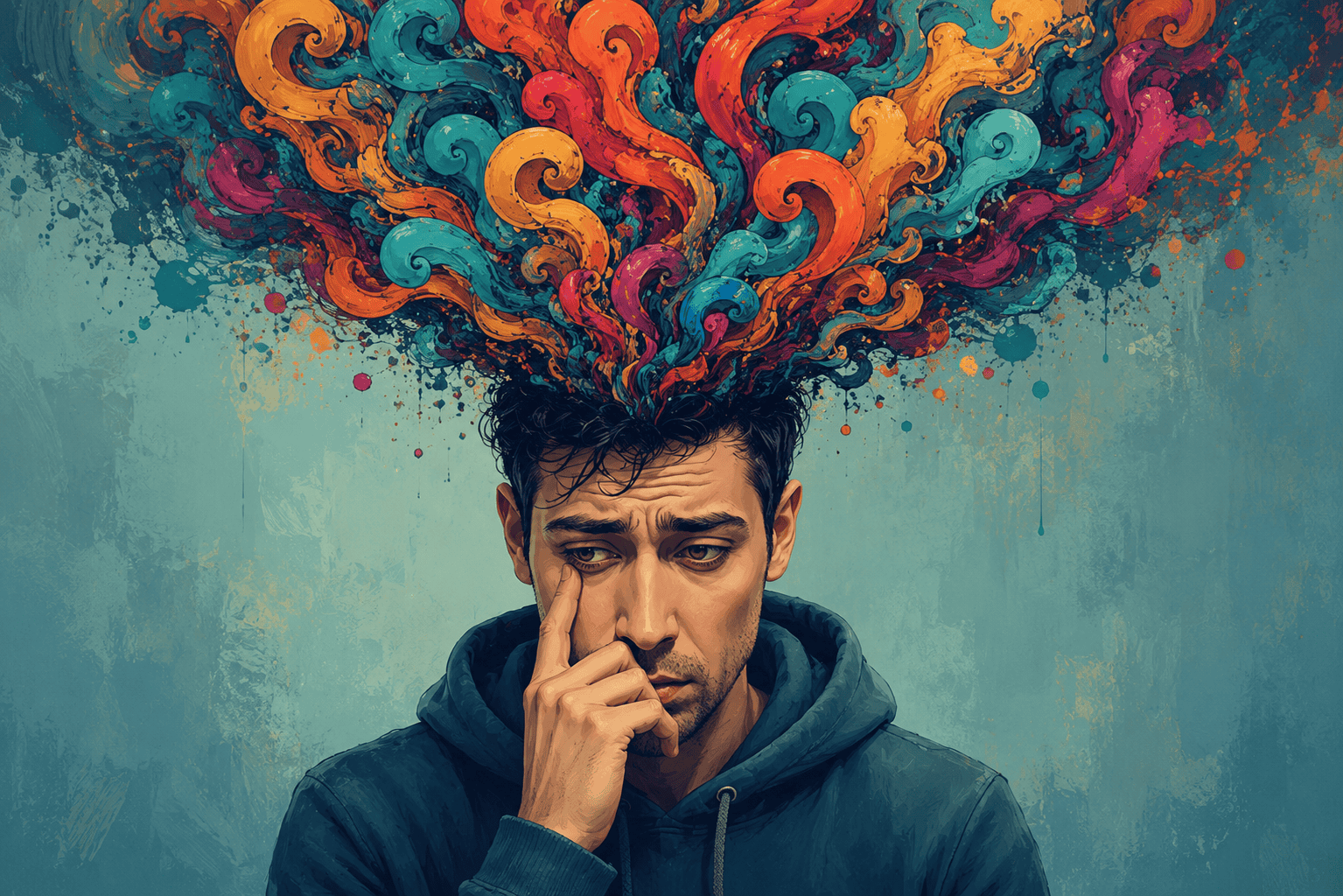 Illustration of a worried man in a hoodie touching his face as colorful swirling thoughts rise above him, symbolizing overthinking and rumination.