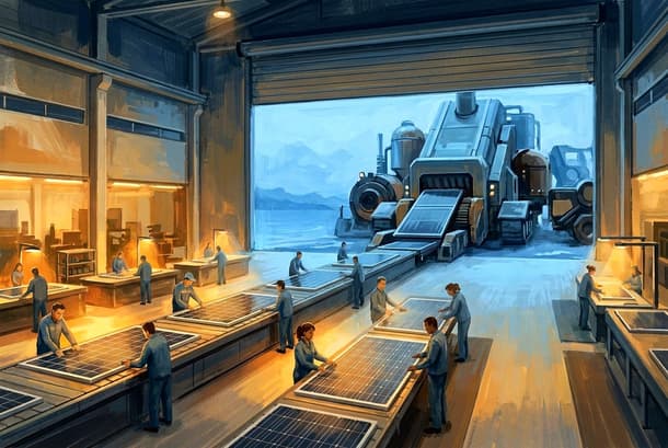 Workers assemble solar panels in a futuristic factory, symbolizing Bharat’s energy independence, clean technology manufacturing, and economy resilience.