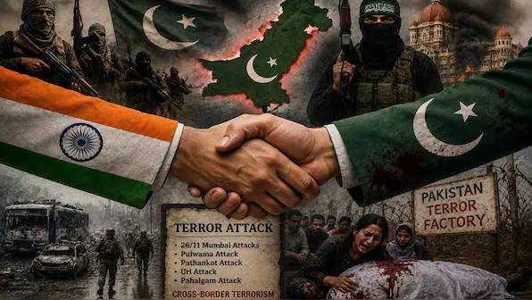 Illustrated geopolitics montage of Bharat and Pakistan flag-sleeved hands shaking amid armed militants, a burning map, attack references and grieving civilians.