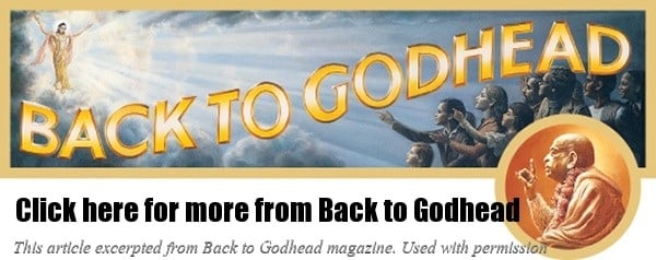Back to Godhead promotional banner with a golden title, a radiant spiritual figure above worshippers, and a circular portrait of Srila Prabhupada.