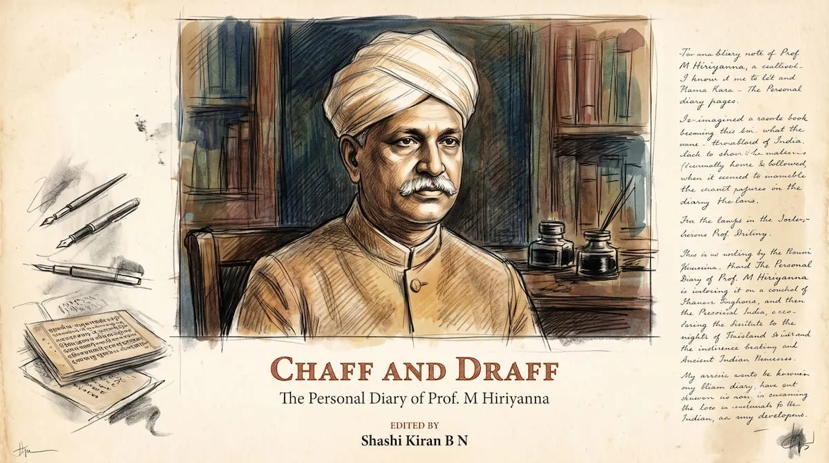 Illustrated portrait of Vedantic scholar M. Hiriyanna seated among books, pens and inkpots for Chaff and Draff, his personal diary from Bharat.