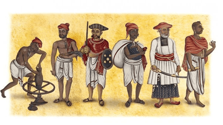 Historical-style illustration of six men from Bharat in varied attire, including an artisan at a wheel, a shield-bearing warrior and a sword-bearing figure.