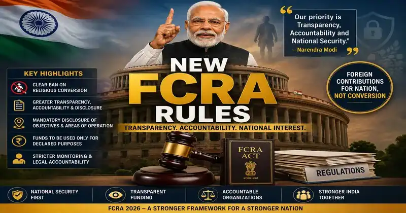 Graphic of Prime Minister Narendra Modi above India’s Parliament, with an Indian flag, gavel, FCRA Act book and text highlighting new FCRA rules.