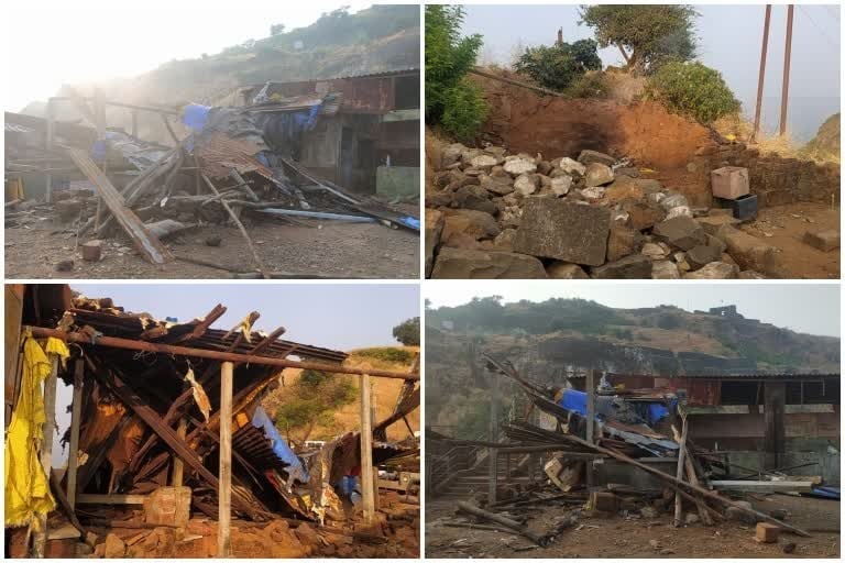 Four-panel collage showing damaged makeshift structures, scattered timber, metal sheets and stone rubble on a hillside near a fort in Maharashtra.