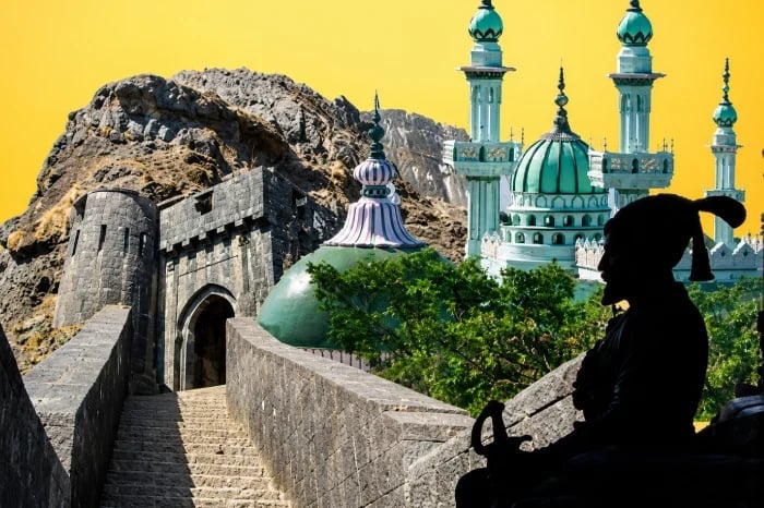 Composite image of a stone hill fort, green-domed mosque and minarets, with the dark silhouette of a plumed historical warrior in the foreground.