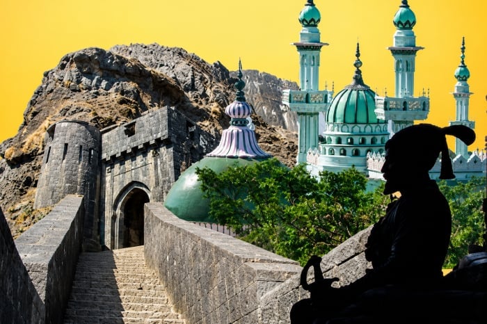 Stone steps and gateway of a Maharashtra hill fort, with a rocky ridge, domes and minarets behind, and a silhouetted historical guard.