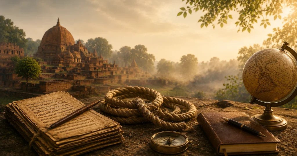 Ancient manuscripts, a coiled rope, compass, notebook and globe overlook a sunlit depiction of Nalanda Vihāra, evoking Bharat’s educational heritage.
