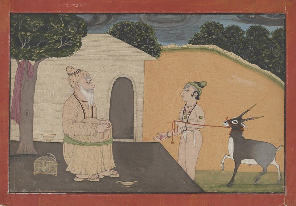 Traditional Indian painting of a bearded guru in dialogue with a disciple holding the rope of a black cow, beside an ashram hut and trees.