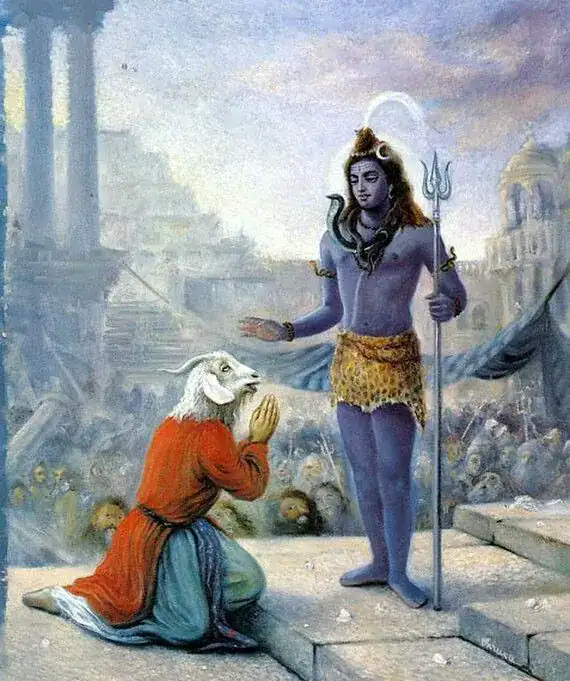 Traditional Hindu painting of Lord Shiva holding a trident and blessing the goat-headed Daksha, who kneels in prayer amid a temple gathering.