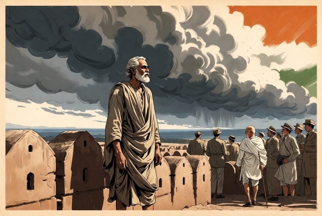 Stylized historical illustration of an elderly bearded man before mud buildings, with colonial-era figures, storm clouds and Indian tricolor hues behind him.
