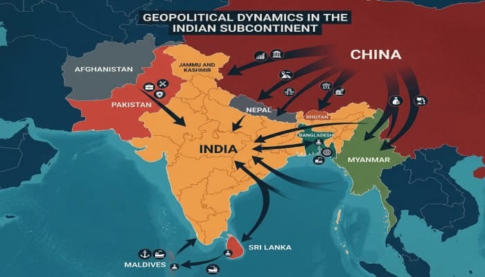 Stylized geopolitical map of Bharat and neighboring South Asian states, with arrows and strategic icons depicting China’s regional influence and security pressure.