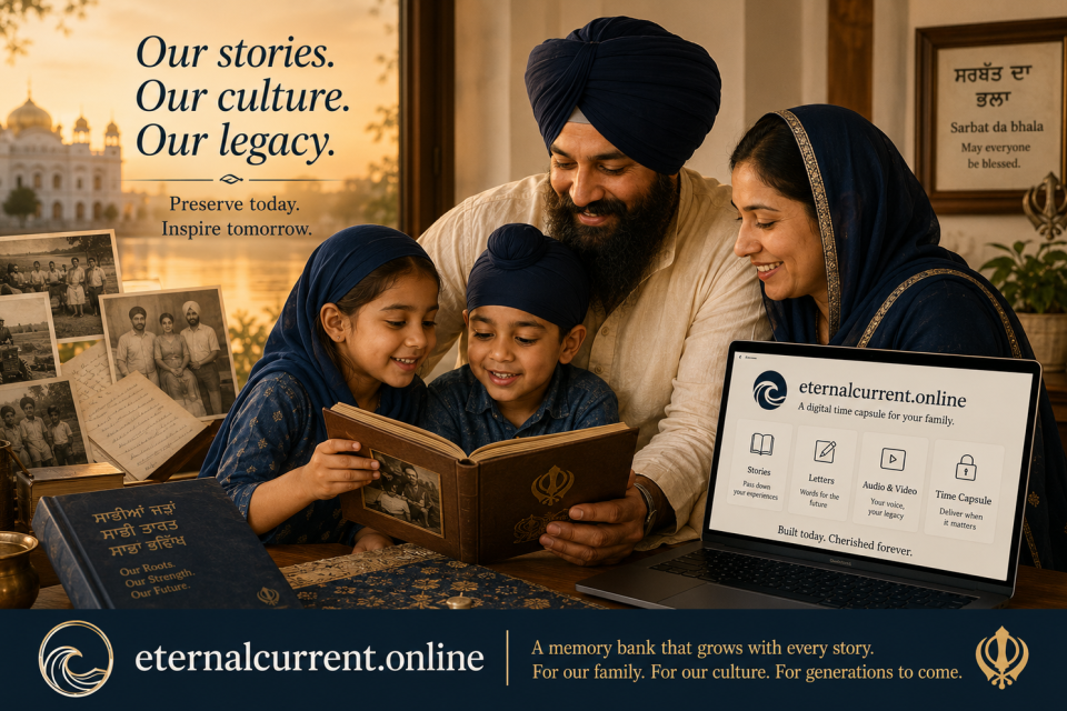 A Sikh family shares an old photo album beside archival photographs and a laptop displaying the Eternal Current digital family time capsule.