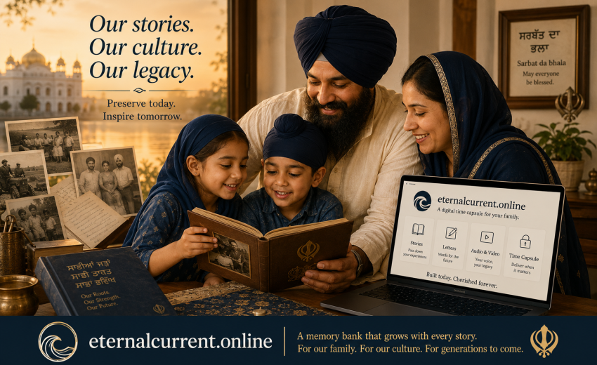 A Sikh family reads a heritage book beside old photographs and a laptop displaying the Eternal Current digital family time capsule.