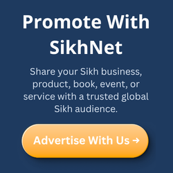Square SikhNet promotional graphic on a dark blue background inviting Sikh businesses, products, books, events, and services to advertise globally.