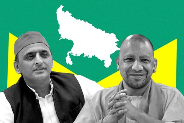 Grayscale portraits of Akhilesh Yadav and Yogi Adityanath before a white Uttar Pradesh map on a green-and-yellow background, illustrating UP 2027 politics.