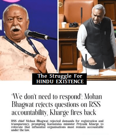 Split news graphic shows RSS chief Mohan Bhagwat speaking beside Karnataka minister Priyank Kharge in the assembly, with a headline about RSS accountability.