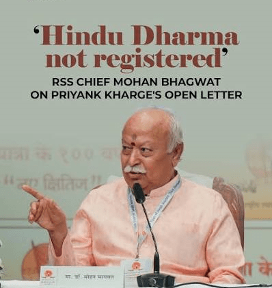RSS chief Mohan Bhagwat speaks at a microphone and gestures beneath the headline “Hindu Dharma not registered,” referring to Priyank Kharge’s open letter.