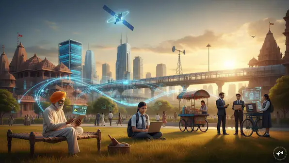 Illustrated Bharat smart city with a satellite, connected skyline, digital network trails, and people using laptops, tablets and payment devices.