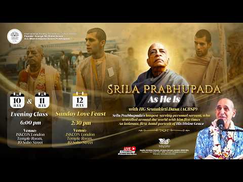Sepia-toned event poster for “Srila Prabhupada As He Is,” featuring portraits of Srila Prabhupada and HG Srutakirti Das with the London program schedule.