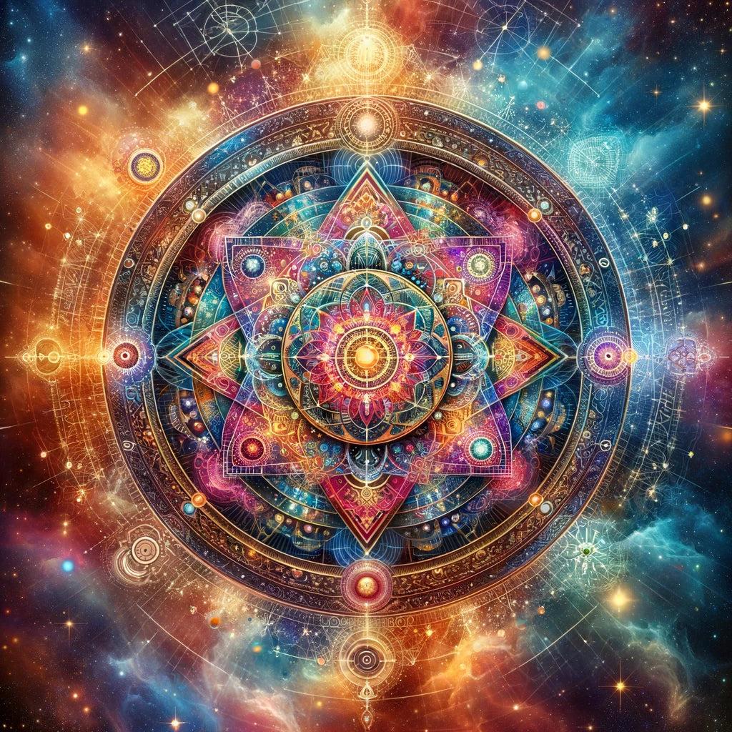 Intricate multicolored mandala with concentric sacred geometry, luminous celestial symbols, and stars, evoking dharma, ethics, morality, and rta.