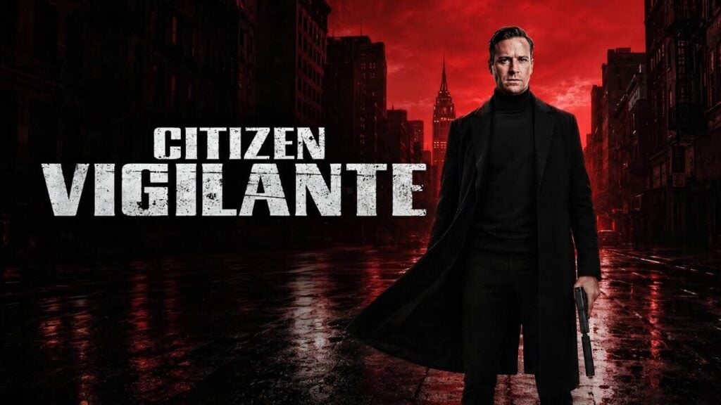 Citizen Vigilante promotional image showing a stern man in a black coat holding a handgun on a rain-soaked city street beneath a vivid red sky.