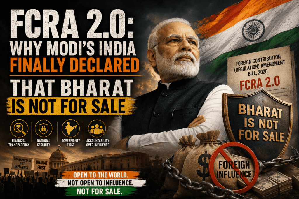 Editorial graphic of Narendra Modi before the Indian flag, with FCRA 2.0 text, a shield, chained money bags and a crossed-out foreign influence symbol.