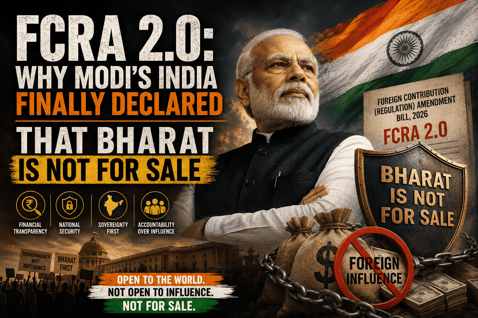 Editorial graphic of Narendra Modi before the Indian flag, with FCRA 2.0 text, a shield, chained money bags and a crossed-out foreign influence symbol.