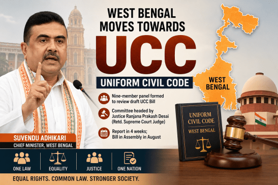 Political graphic shows Suvendu Adhikari beside a West Bengal map, UCC headline, committee details, Supreme Court, law book and gavel.