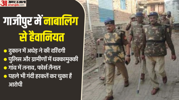 Hindi news graphic on the alleged sexual assault of a minor girl in a Ghazipur shop, beside police officers patrolling a narrow village lane with shields.