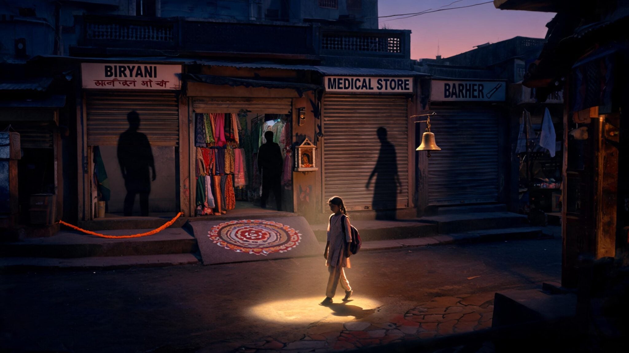 A schoolgirl with a backpack walks through a pool of evening light past shuttered biryani, medical and barber shops, with human shadows cast on the storefronts.