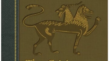 Gold-outlined mythical winged creature with a curling tail embroidered on olive-brown fabric, evoking ancient Indic kingship and royal iconography.