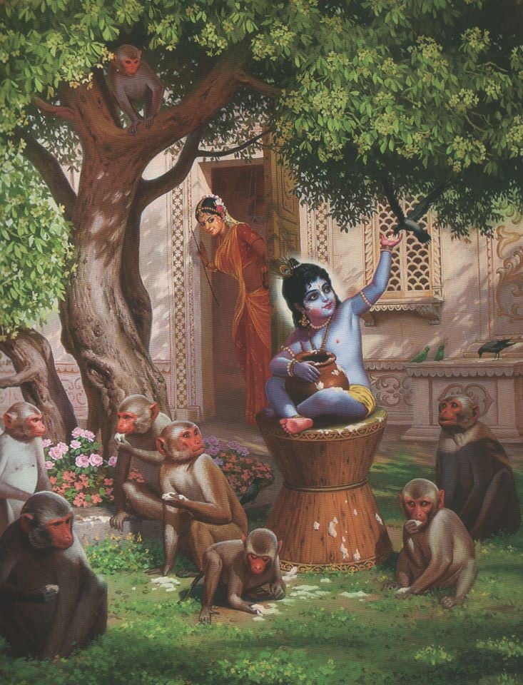 Young Krishna sits with a butter pot beneath a leafy tree, sharing butter with monkeys as Mother Yashoda watches from a doorway.