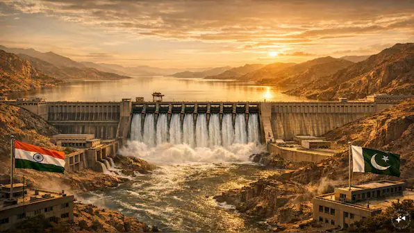 Illustration of a mountain dam releasing water at sunset, framed by Bharat’s Indian flag and Pakistan’s flag, symbolizing Indus Waters Treaty geopolitics.