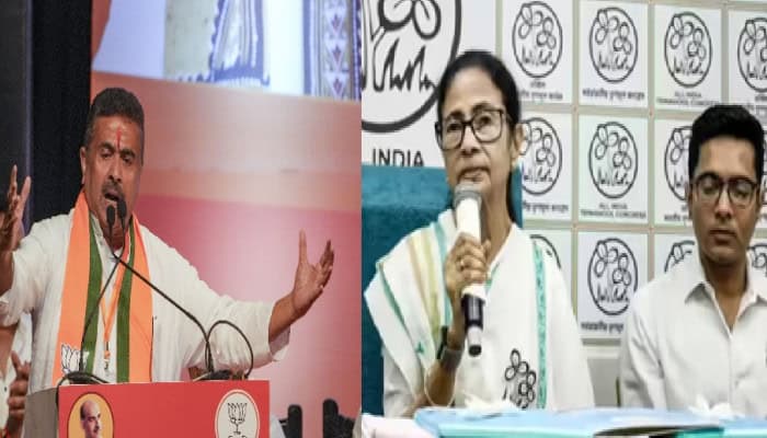 Split image of a BJP speaker at a lotus-branded podium and Mamata Banerjee with a colleague before TMC logos, illustrating West Bengal politics.